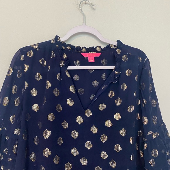 Lilly Pulitzer Giana Silk Blouse High Tide Gold Metallic Clip Navy Blue Size XL - Picture 5 of 11